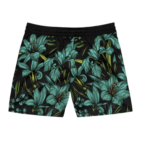 Cukui Hibiscus Men's Mid-Length Swim Shorts - Black/Teal