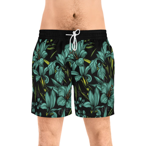 Cukui Hibiscus Men's Mid-Length Swim Shorts - Black/Teal
